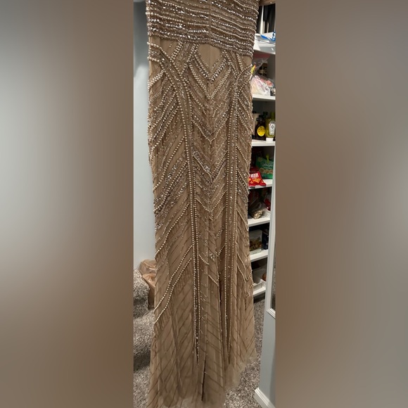 Women’s Beige Theia Embellished Tulle Column Evening Gown - Picture 7 of 16